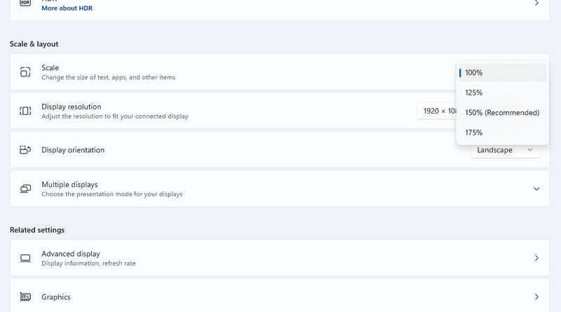 Scale & layout in Windows settings