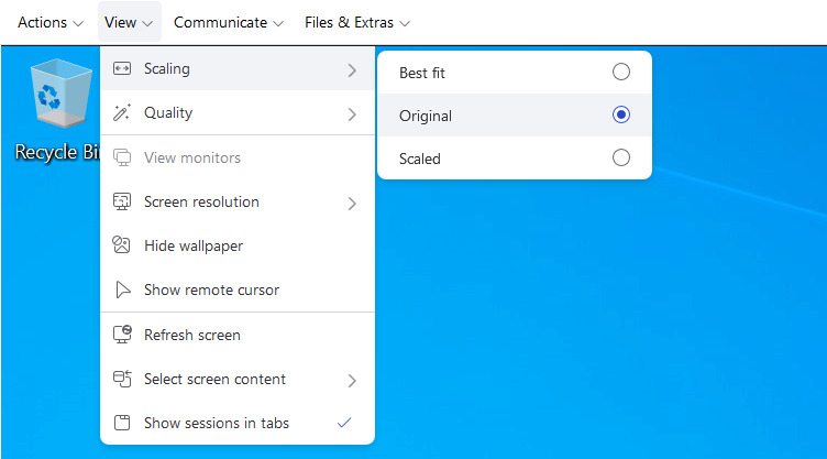 The 1:1 "Original" TeamViewer scaling option