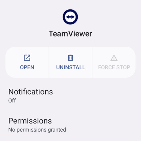The TeamViewer app in Android settings