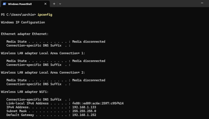 The results of ipconfig include your local IP address