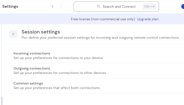 The Session settings dialogue