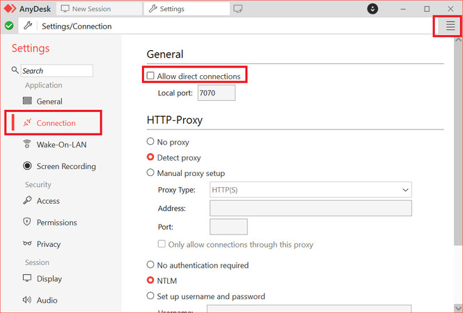 Deshabilitar conexiones directas en la configuración de AnyDesk