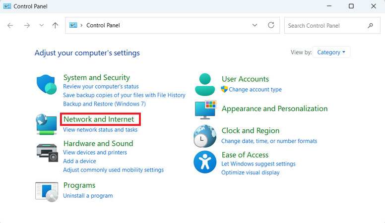 Red e Internet en el Panel de control de Windows