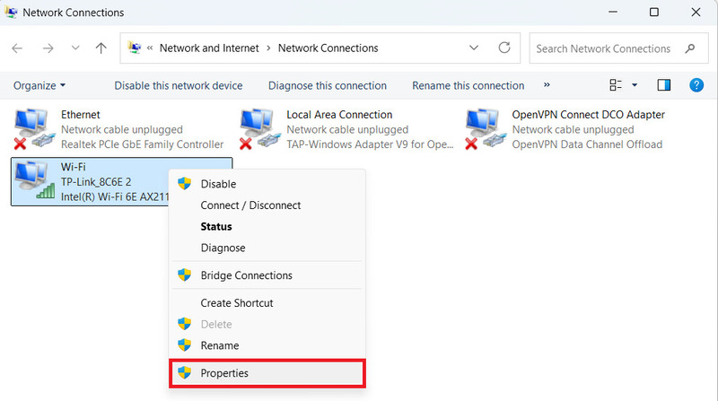 Buscar propiedades de conexión a Internet
