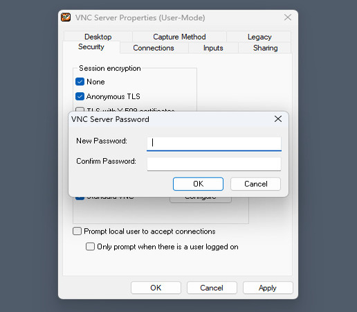 Alterando as configurações de segurança no TigerVNC