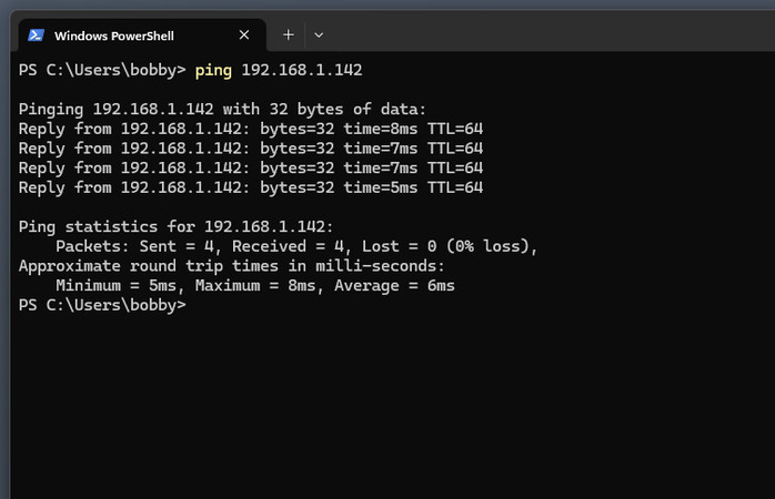 Usando o comando ping no PowerShell