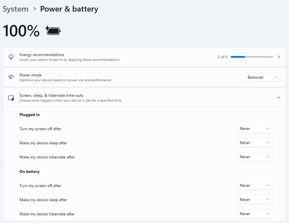 Configurações de energia do Windows