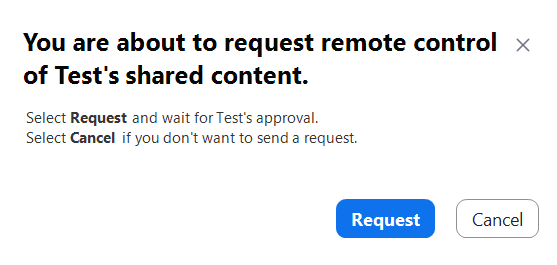 Request Remote Control Popup in Zoom Confirming remote control request in Zoom
