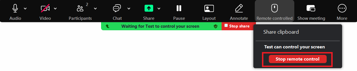 Stop Remote Control Button in Zoom Stopping remote control in Zoom