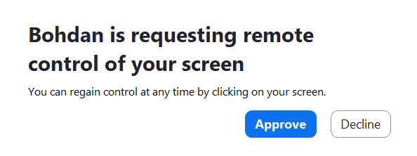 Approve Remote Control Popup in Zoom Approving remote control request in Zoom