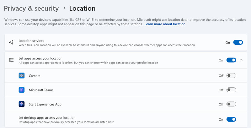 Windows 11'de konum ayarları