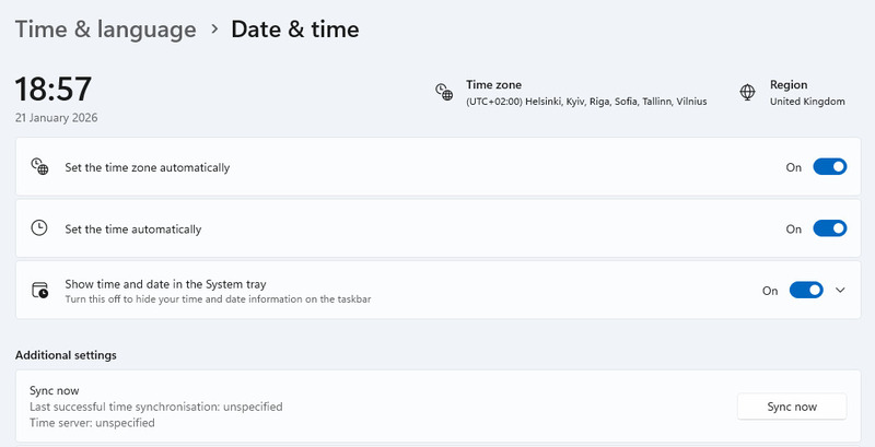 Windows 11'de zaman senkronizasyon ayarları