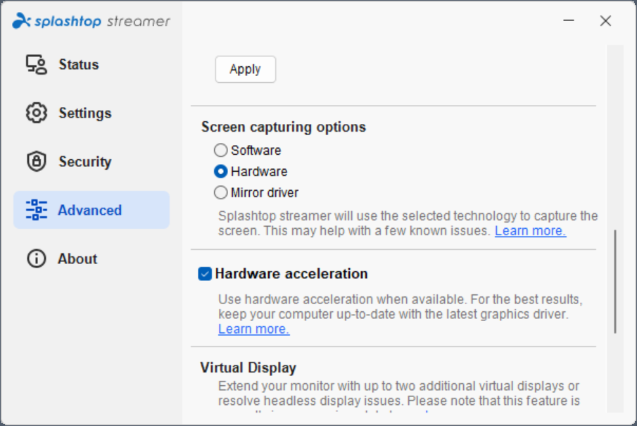 Screen capturing and hardware acceleration in Splashtop Streamer