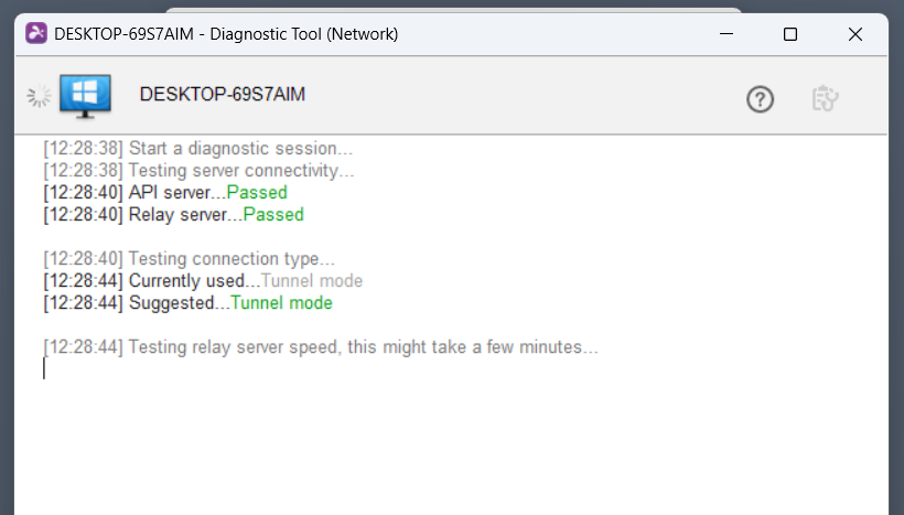 The output of the diagnostic tool, describing the results of connection tests