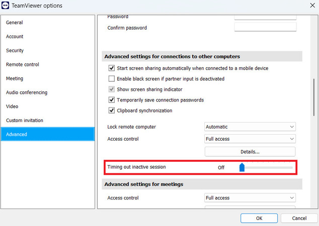 Tempo limite de inatividade da sessão do TeamViewer