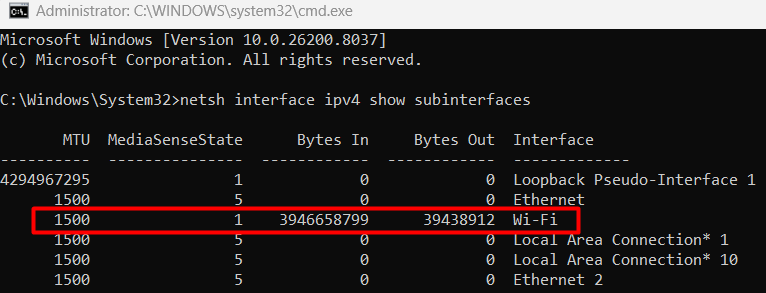 MTU değeri kontrol ediliyor