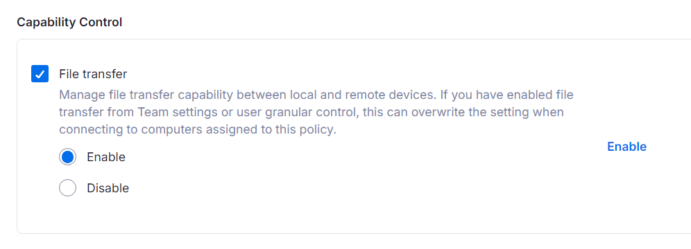 The file transfer policy can be force-enabled or disabled for affected devices