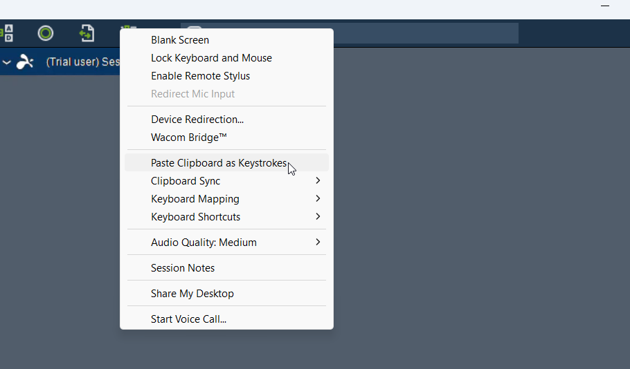 Pasting keyboard as keystrokes from the menu
