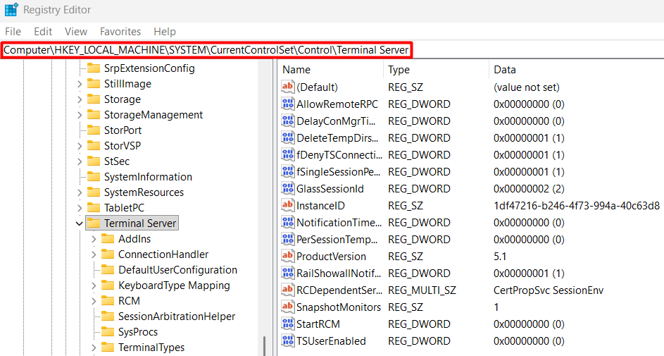 Kayıt Defteri Düzenleyicisinde Terminal Sunucusuna Gitme