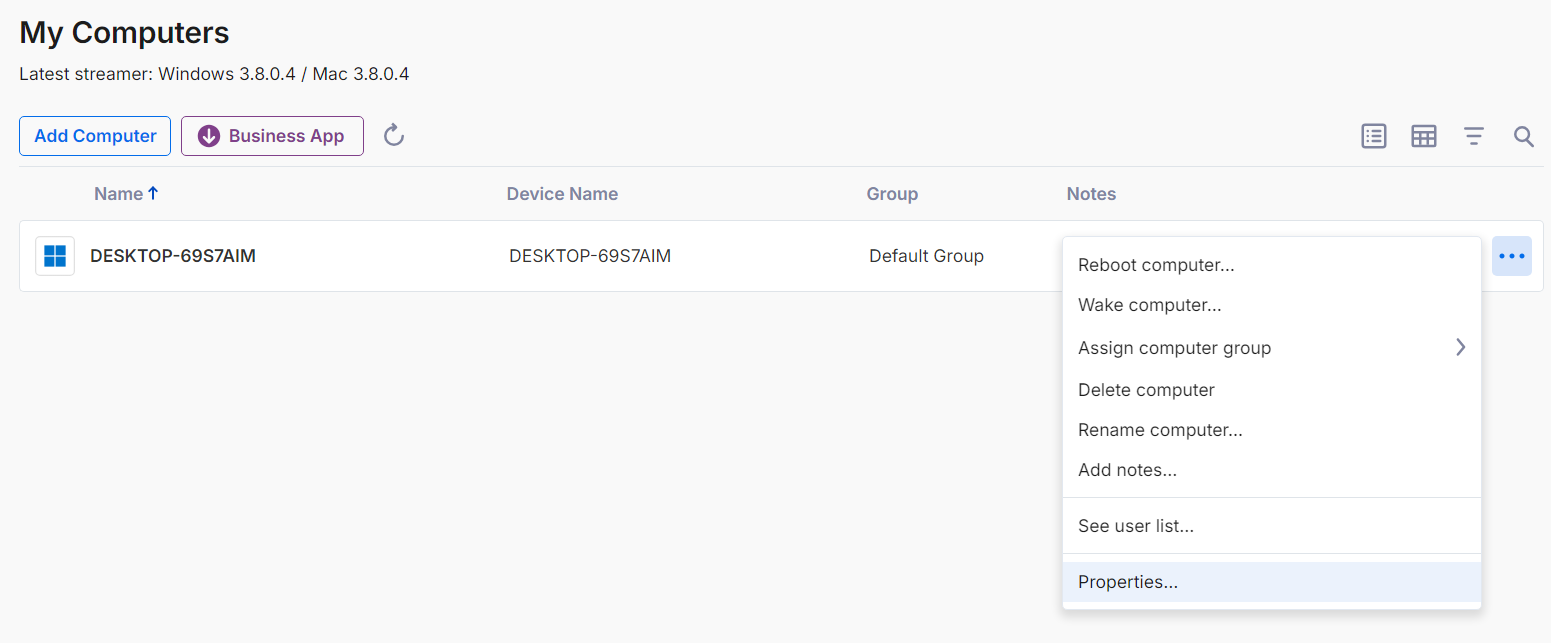 Choosing device properties from the web suite