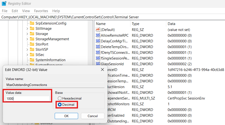 MaxOutstandingConnections değeri 1000 (Ondalık) olarak ayarlanıyor