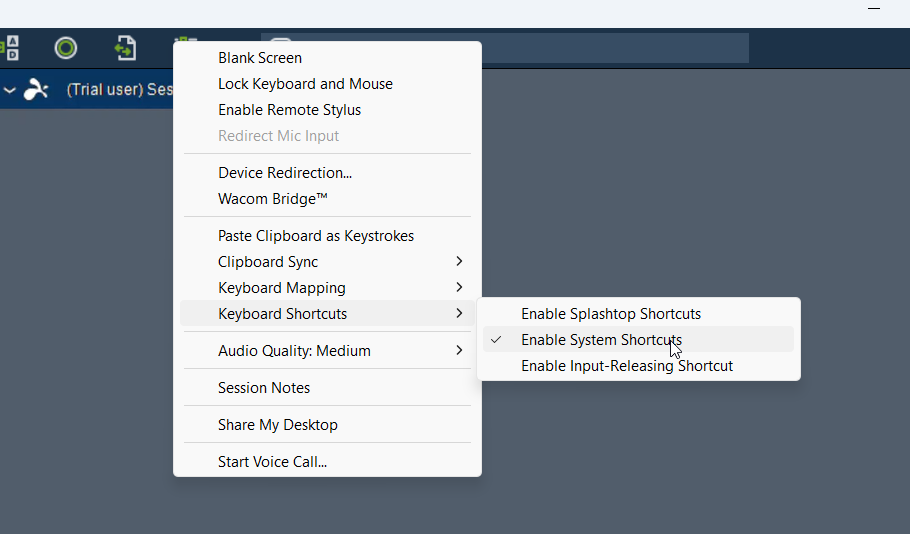Keyboard shortcut options in Splashtop