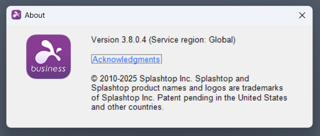 The Splashtop Business "About" dialogue