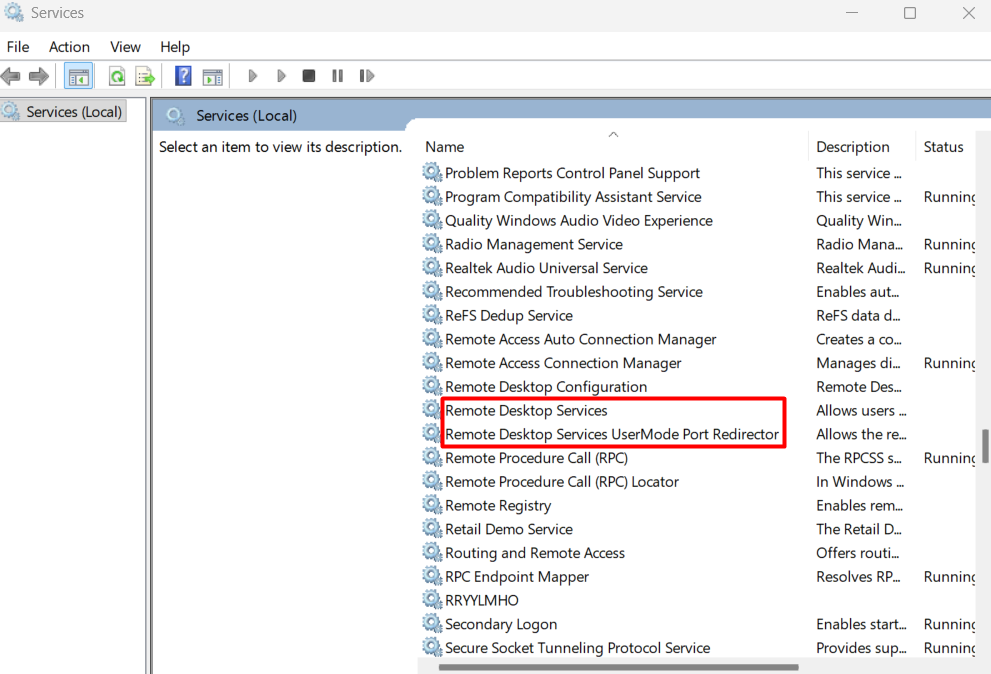 Windows Hizmetleri penceresi