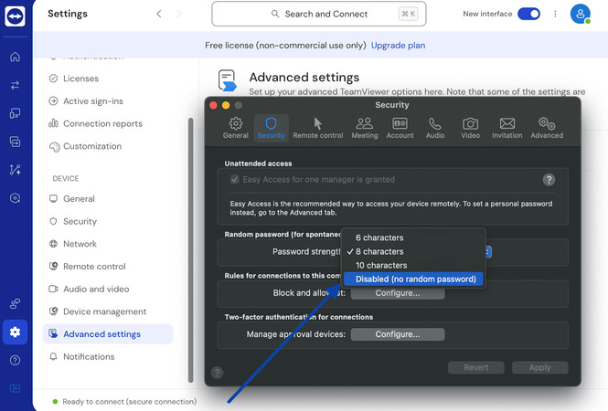 TeamViewer Disattiva il generatore di password casuali