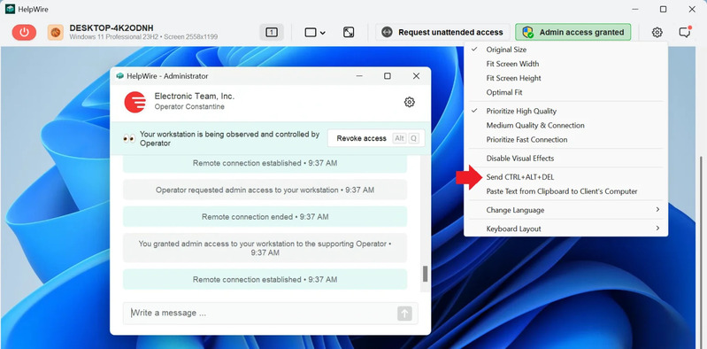 HelpWire Send CTRL + ALT + DEL option