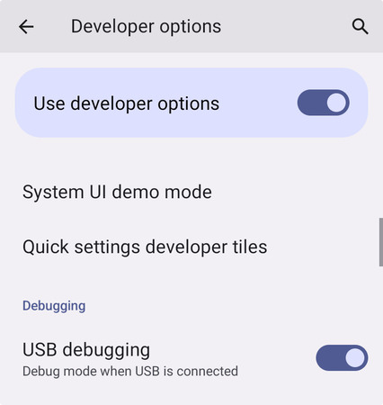 Opzioni sviluppatore e debug abilitati su un telefono Android