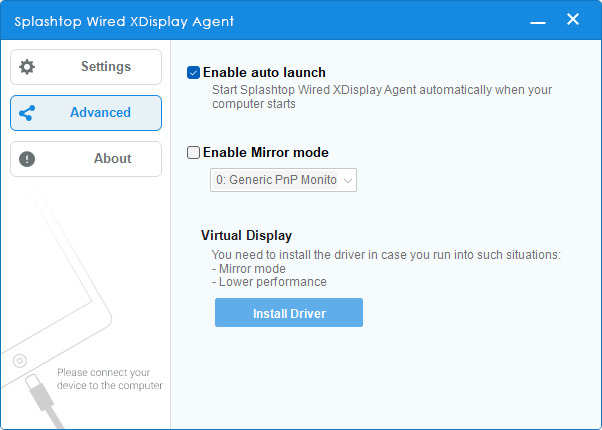 La schermata delle Impostazioni avanzate in XDisplay Agent