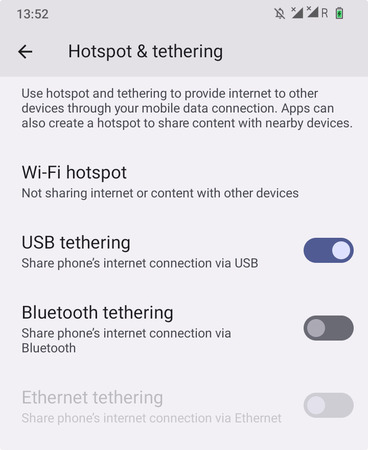 Tethering USB abilitato su un telefono Android