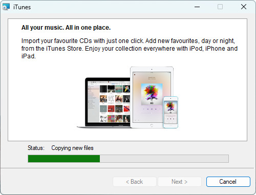 Installazione di iTunes in corso