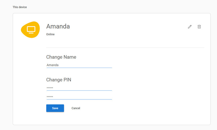 Panel de edición de Chrome Remote Desktop con los campos Cambiar nombre y Cambiar PIN