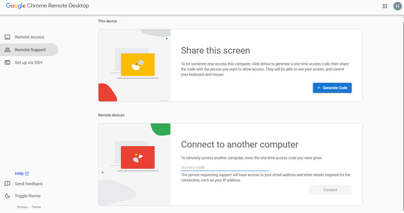 Pestaña de Asistencia Remota de Chrome Remote Desktop con botón Generar Código