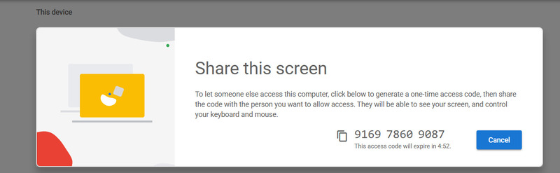 Ventana emergente de código de acceso único de Chrome Remote Desktop con temporizador de expiración