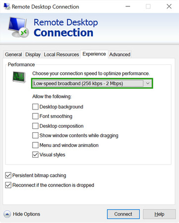 RDC Experience tab set to low-speed broadband for better performance 
