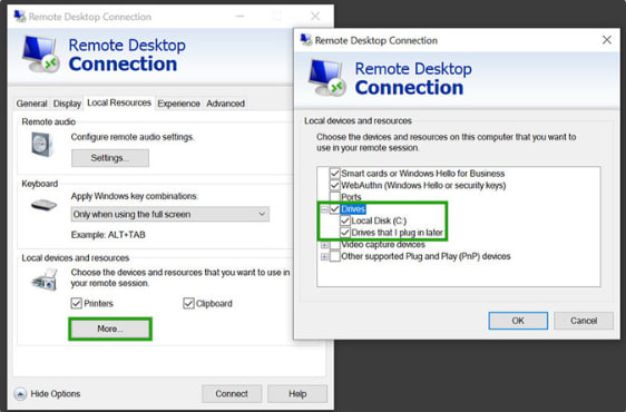 RDC Local Resources tab with a local drive ticked for sharing