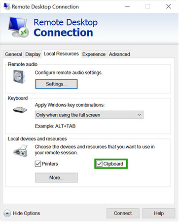 RDC Local Resources tab with the Clipboard checkbox enabled