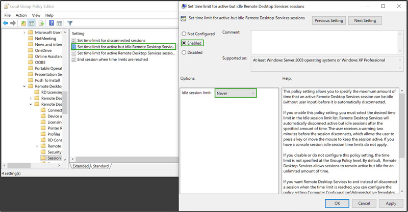 RDP idle session time limit set to Never in Group Policy Editor