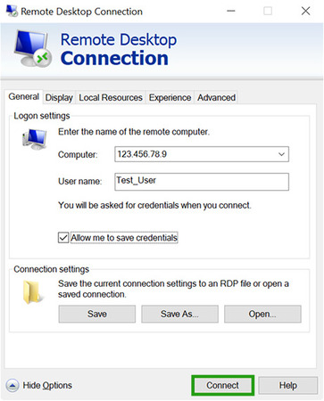 Remote Desktop Connection window with computer IP and username entered
