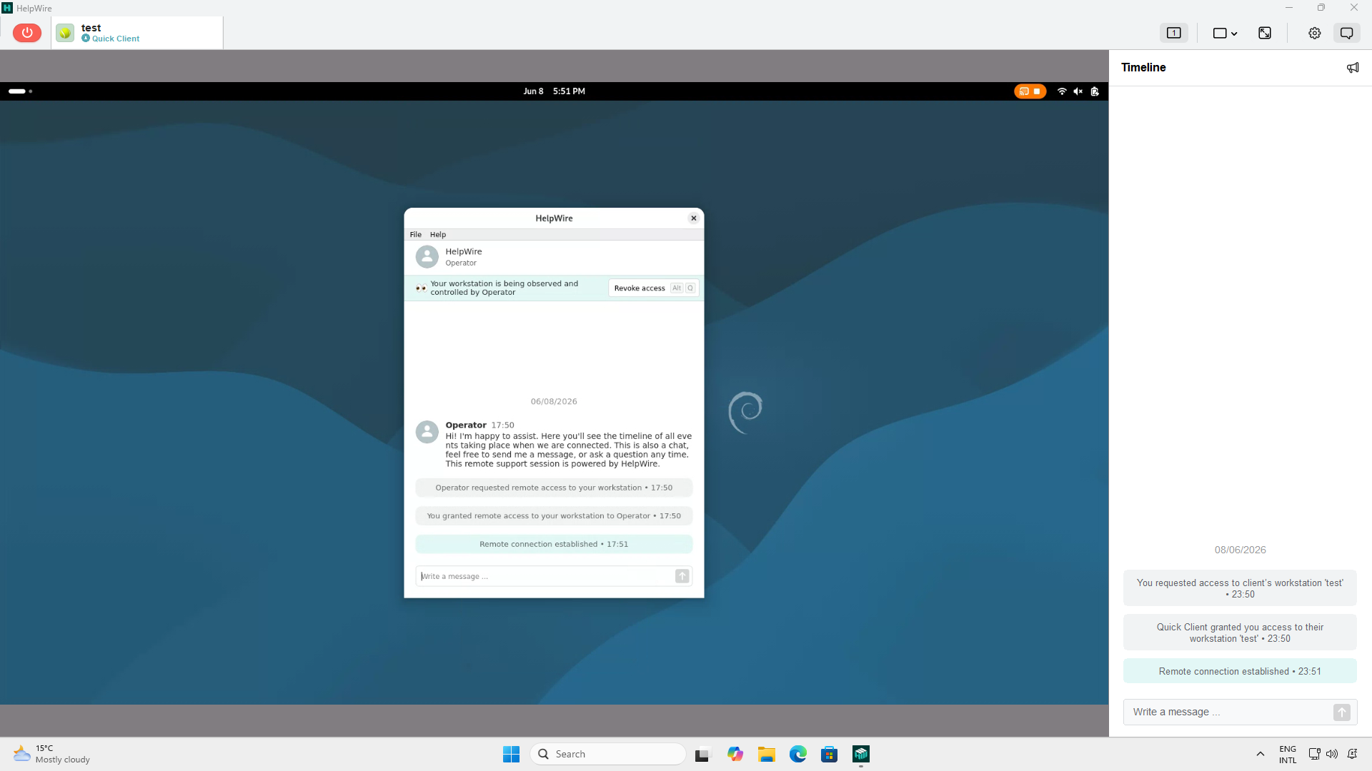 Uma sessão ativa do HelpWire entre Windows e Linux